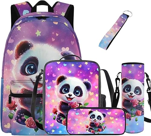 Suobstales Paquete de 5 mochilas con estampado de estrellas y corazones de panda para niñas, adolescentes, mochila escolar para niños, escuela
