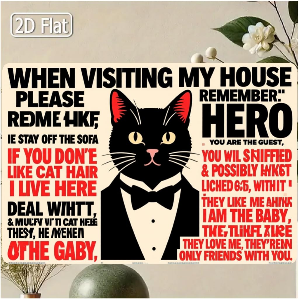 Metal Funny Tuxedo Cats Rules Sign, 8x12inch Black Cats Apartment Decor, When Visiting My House Please Remember, Retro Room Decor Caution Sign