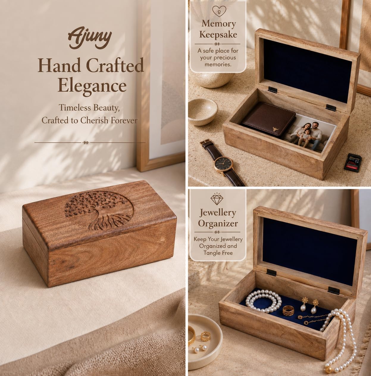 Ajuny Wooden Jewelry Box, Tree of Life Keepsake Trinket Box 8 x 5 Inch image 2