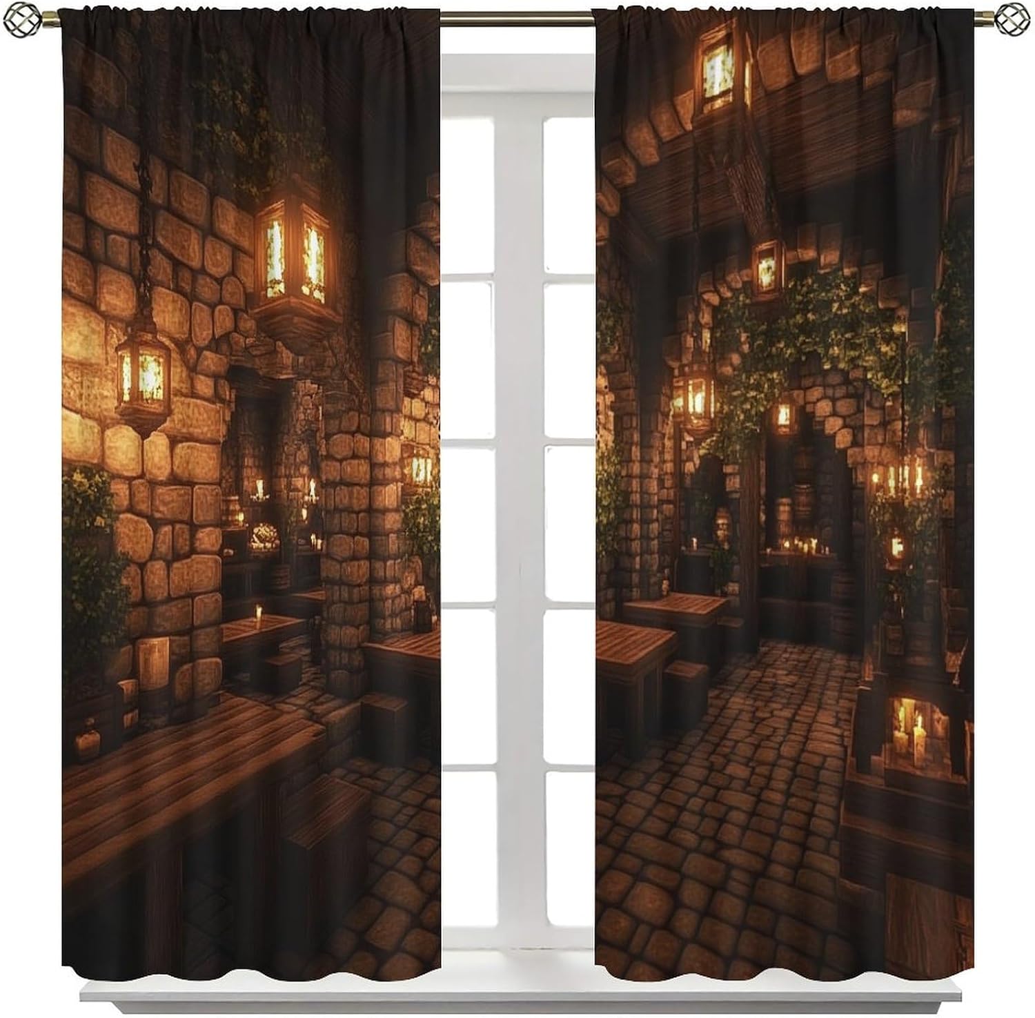 Rustic Tavern Lighting Blackout Curtains for Bedroom Living Room, Rod Pocket Stone Wall Wooden Table Curtains Thermal Insulated Window Drapes 2 Panels, Each 36W x 63L