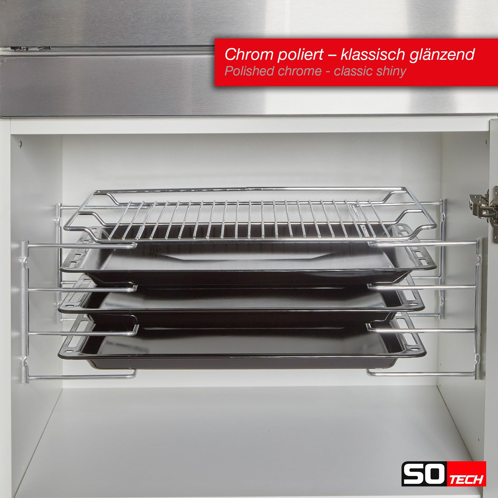 SOTECH Supporto per teglie per 4 teglie (364 x 140 x 182 mm, cromato lucido, per mobili da 600 mm di larghezza) Supporto per teglie - Organizzazione semplificata