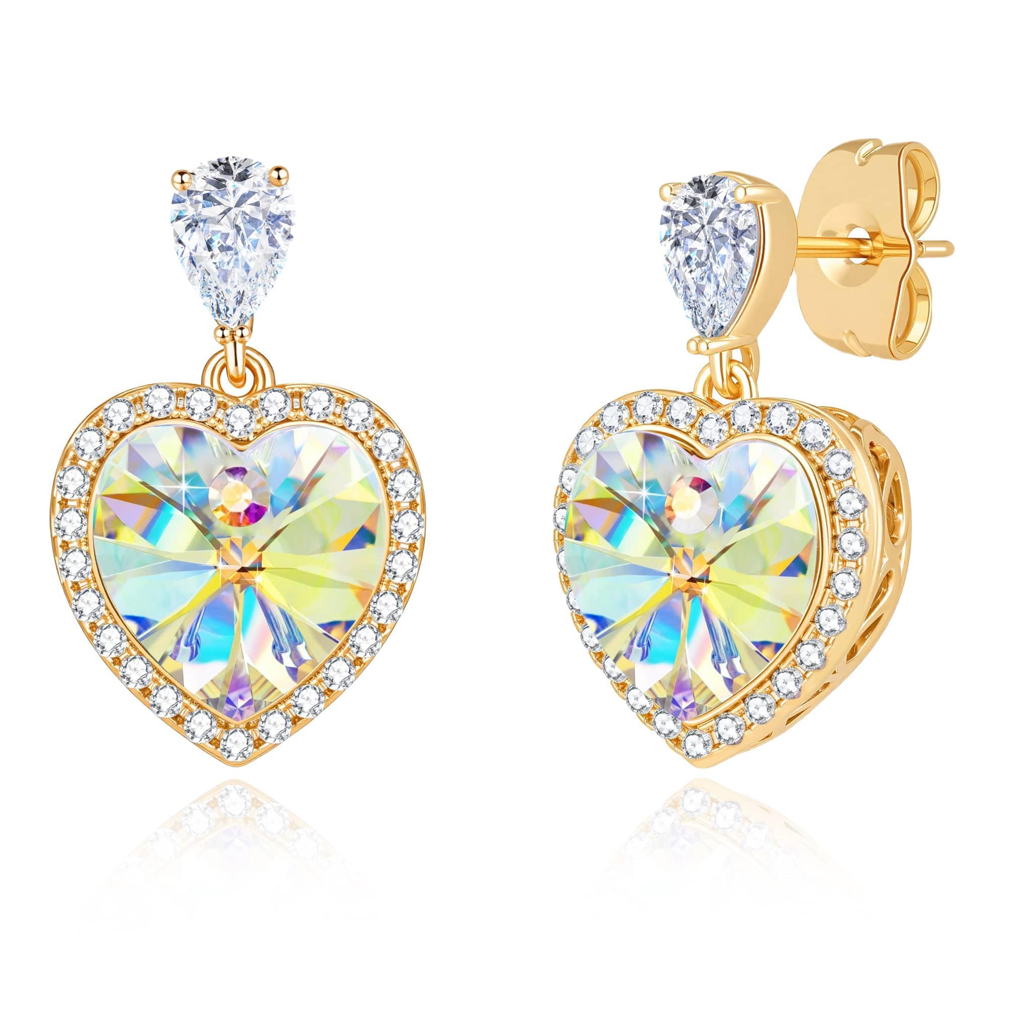 Trendy Austrian Crystal Heart Halo Drop Stud Earrings for Women 14K Gold Plated Dangle Earring Hypoallergenic Jewelry Gift