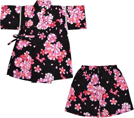 Amazon Dizoon ディゾン 子供 甚平 男の子 女の子 1 パジャマ 綿100 麻 子供服 浴衣 着物 和服 柔らかい 上下セット お祭り 七五三 子供の日 紺 恐竜柄 扇子柄 90 100 110 1 130 140 90 ブラック お花