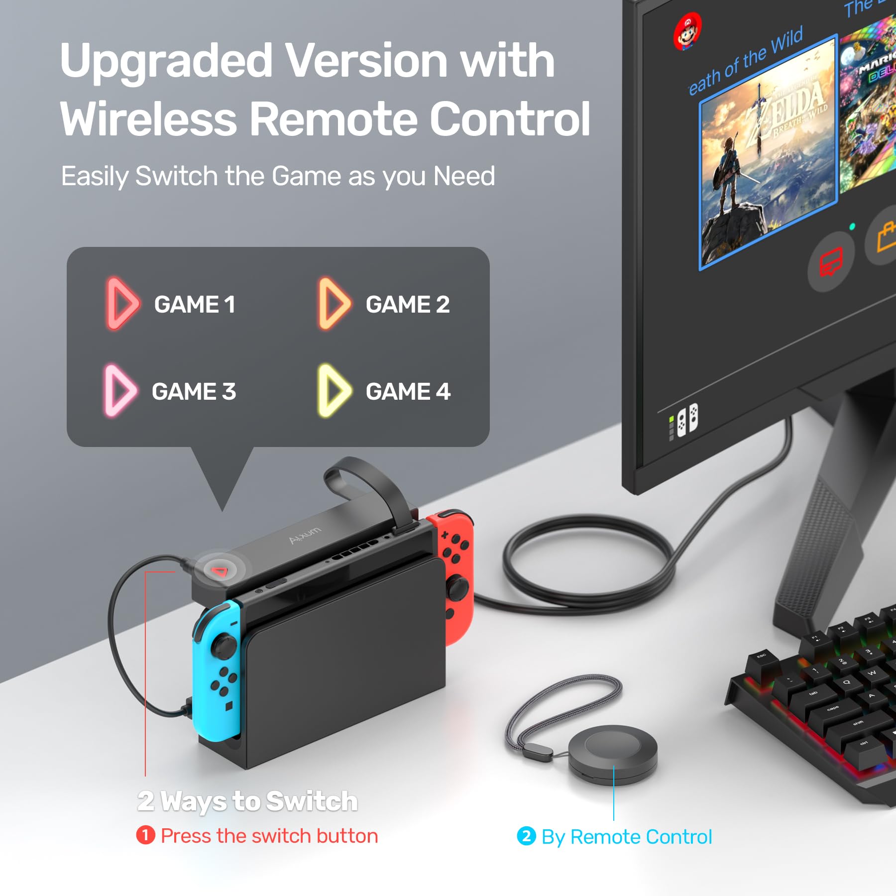 Alxum Switch Lecteur de Cartes de Jeu avec télécommande sans Fil Switching,8-en-1 Switch Porte-Jeux pour Nintendo Switch/Switch Console OLED et Dock (4 pour Le Jeu+4 pour Le Rangement)