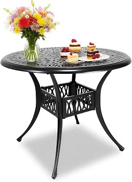 35 Outdoor Patio Table Cast Aluminum Dining Table,All Weather Metal Bistro Round Table with 2.4 Umbrella Hole for Garden,Backyard,Porch,Balcony,Black