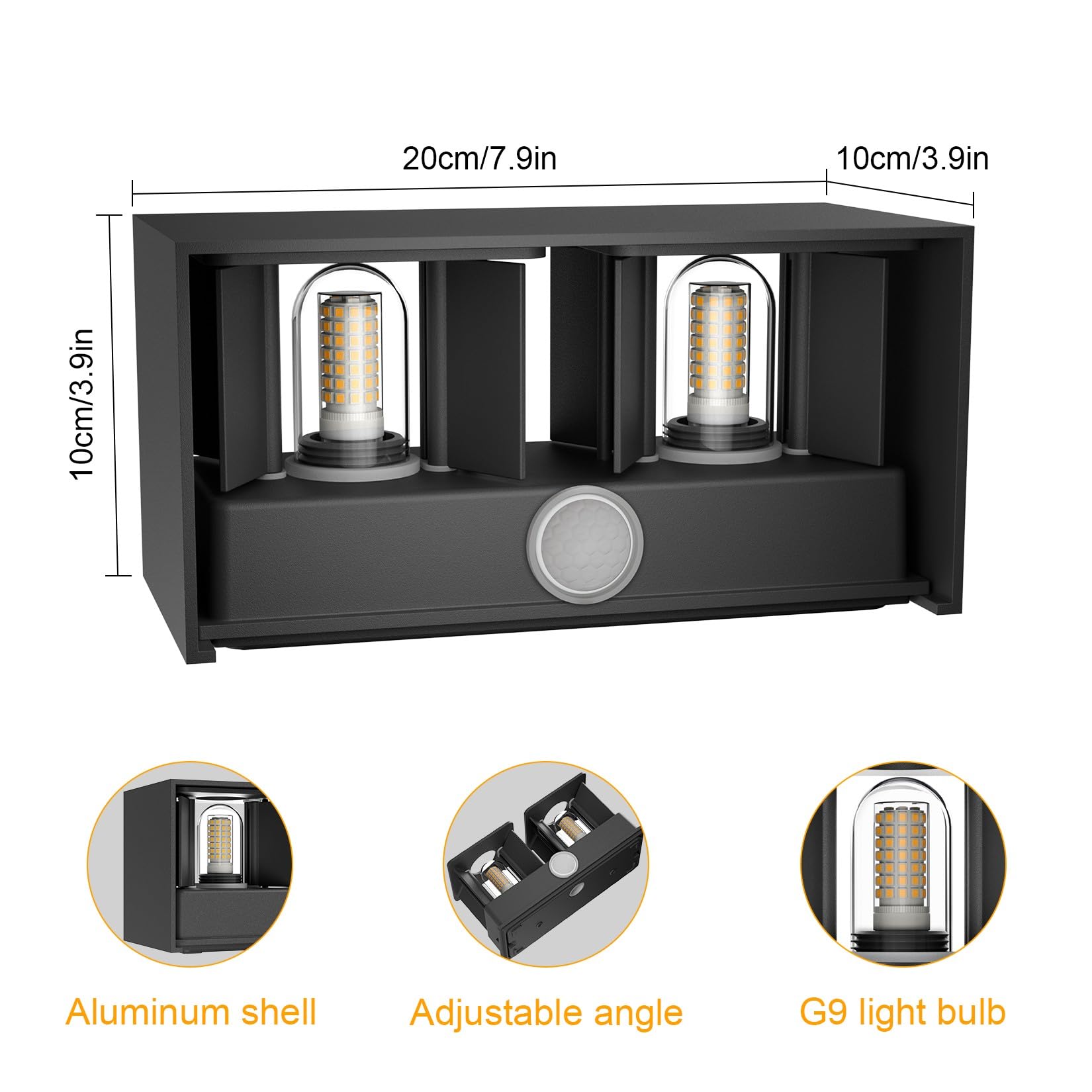 Klighten 18W Außenwandleuchte mit Bewegungsmelder Innen/Außen 3000K Außenlampe mit Bewegungsmelder Wandlampe Einstellbar Abstrahlwinkel, mit Austauschbarer G9 LED Lampe (Schwarz)