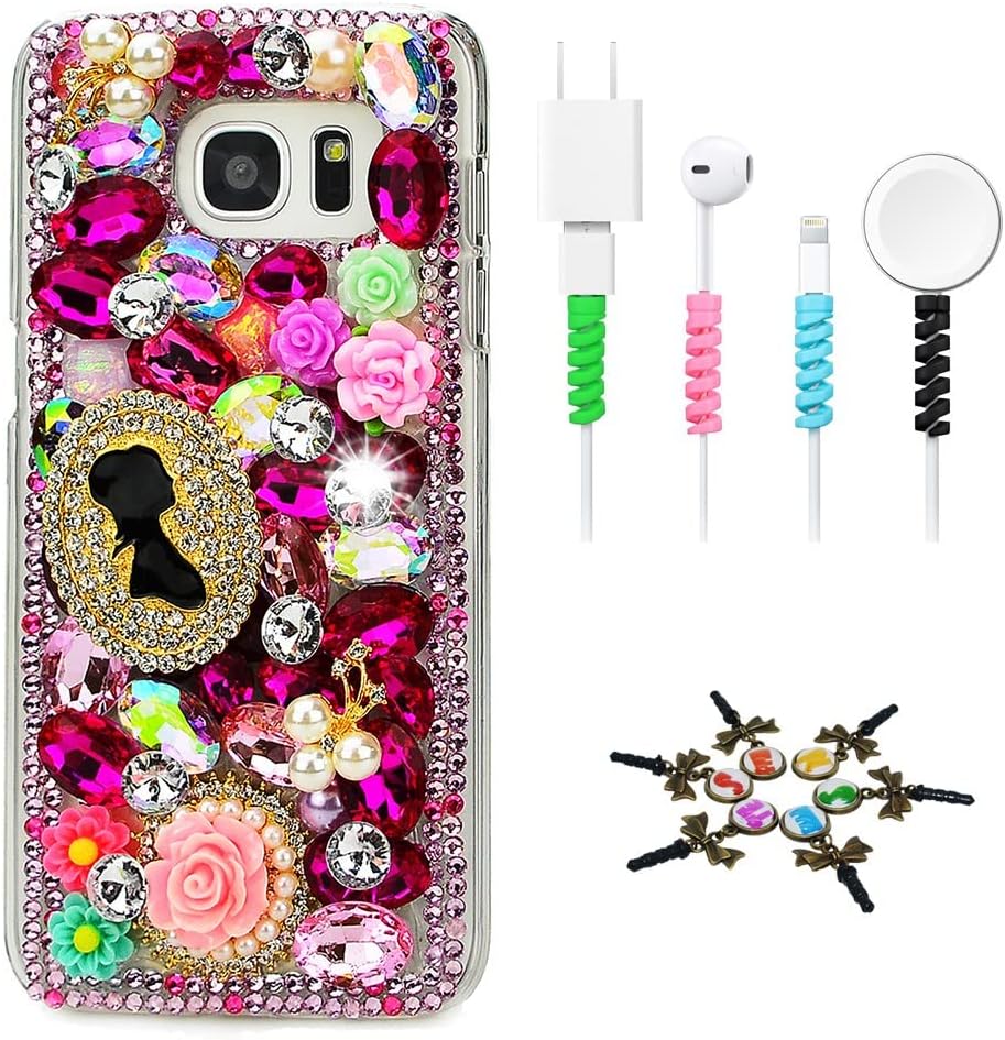 STENES Sparkle Case Compatible with Samsung Galaxy S10 6.1 Inch - Stylish - 3D Handmade Bling Silver Cross Rose Flowers Design Cover Case with Cable Protector [4 Pack] - Pink&Purple