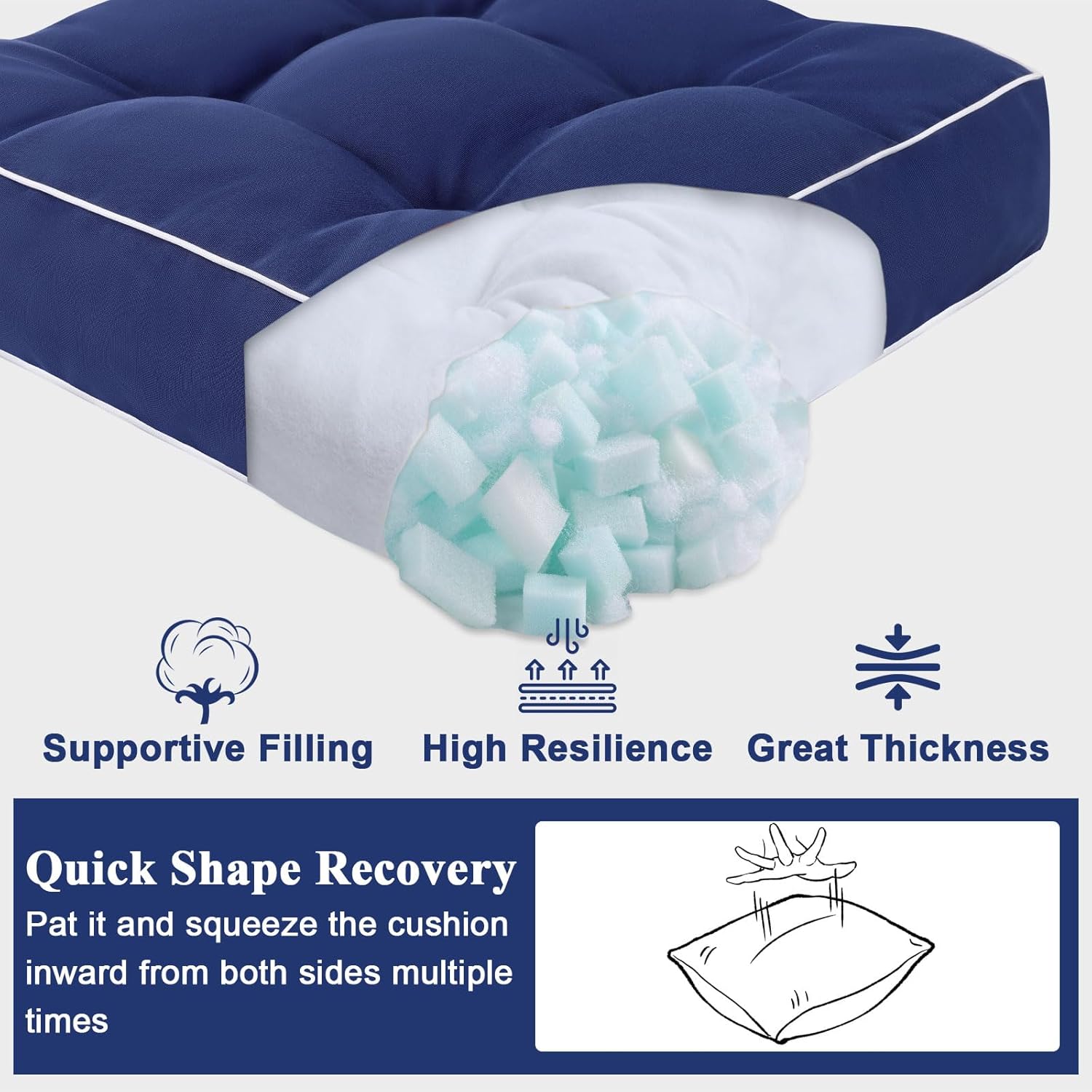 Topotdor Jumbo Rocking Chair Cushions Indoor, Tufted Rocking Chair Seat Cushion for Patio Furniture, Water Resistant Rocking Chair Pads with Ties for Nursery Balcony Chair, Blue