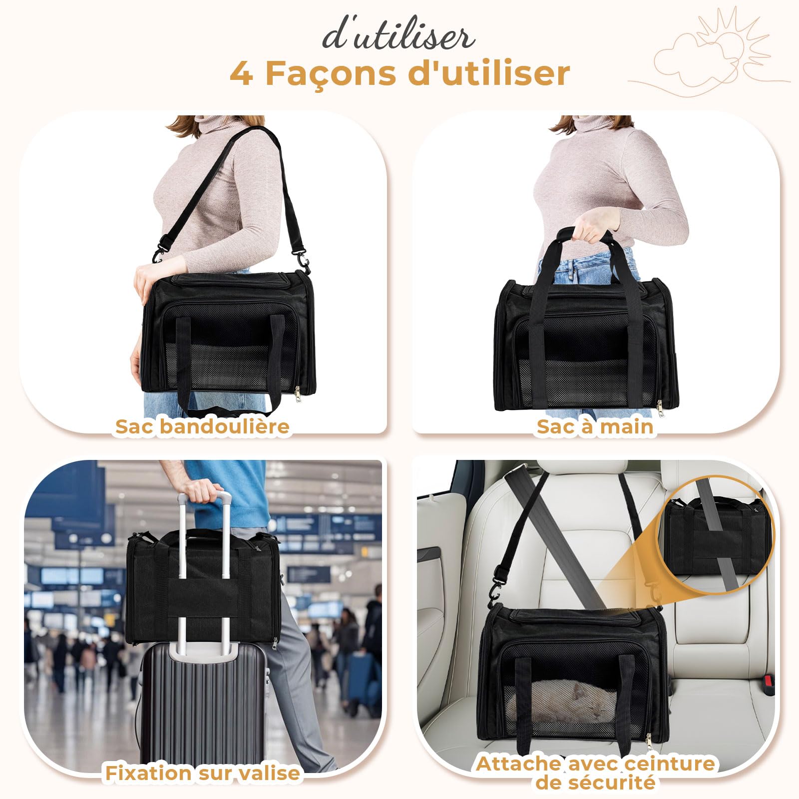 Sac de Transport Chat, Sac Transport Chat Chien avec Matelas Souple, Sac Transport Chien Respirant et Pliable, Caisse de Transport Chat Respirant pour Petit Chien,Chat (Noir, 50x34x34cm)