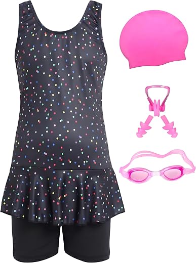 Girls One Piece Skirted Swim Dress with Attached Shorts & Swim Kit | Kids Swimming Costume Set | Cap Goggles Nose Clip Ear Plugs Included | Baby Girls Big Girls Swimwear 2–13 Years