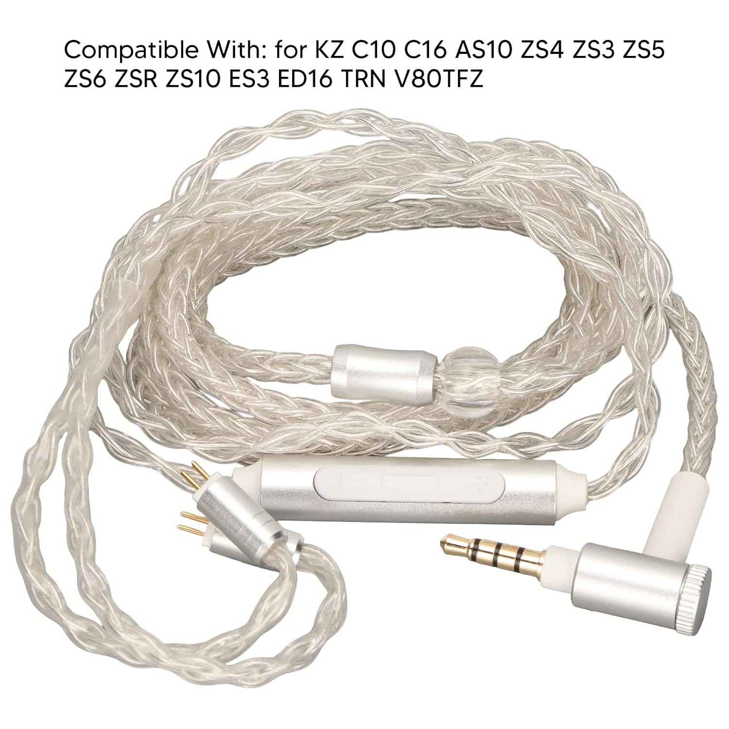 Upgrade Earphone Cable with Mic, 8 Core Silver Copper Foil Braided Headphone Replacement Cable for C10 C16 AS10 ZS4 ZS3 ZS5 ZS6 ZS10 ES3 ED16 TRN V80TFZ, Support Volume Control and