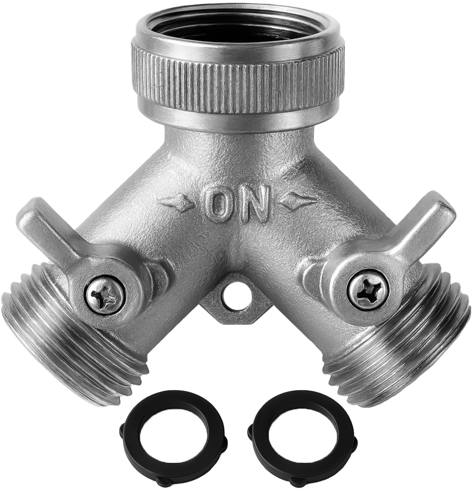 Morvat Heavy Duty Nickel Plated Brass 2 way Y Splitter Garden Hose Hexagonal Connector with Comfortable Grip Shut Off Valves, Adapter for Water Tap, Outlet, & Spigot, Includes 2 Extra Rubber Washers