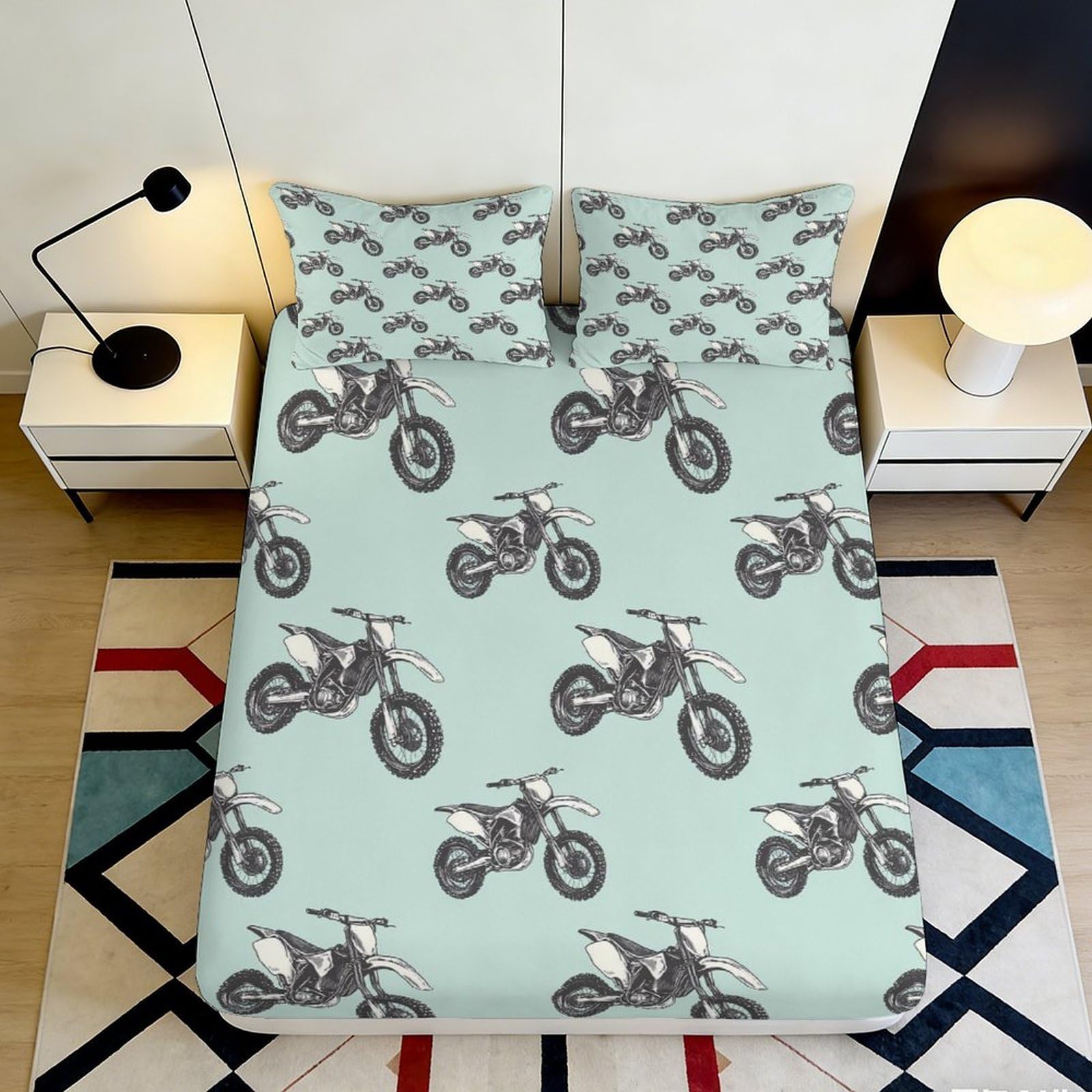 3D Printed motocross fitted sheet, soft touch microfiber, wrinkle resistant, easy care, blue bed cover for bedroom, guest room bedding, non-slip 140x200x25cm