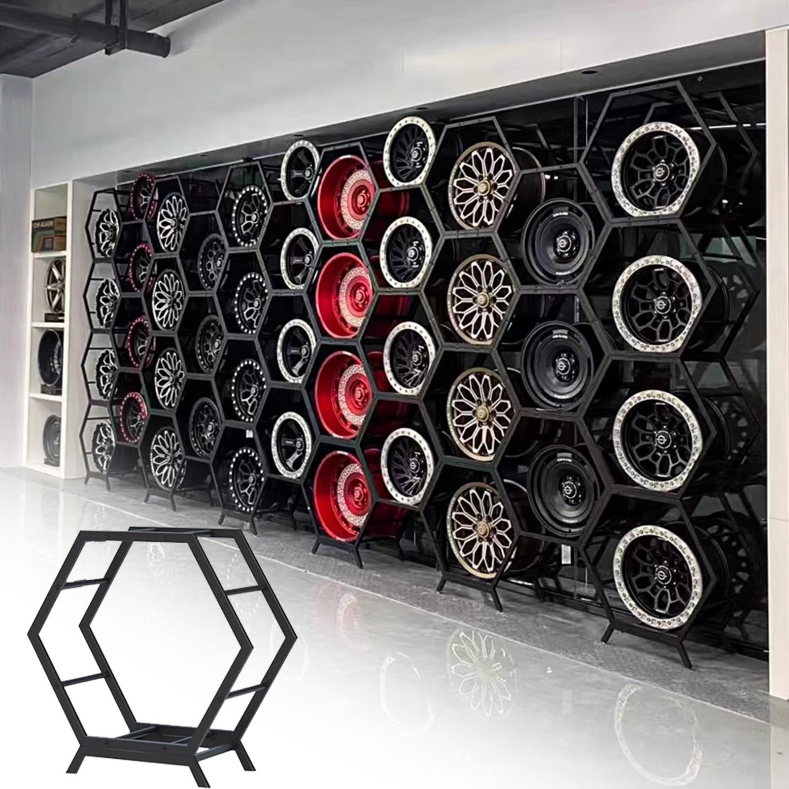 Porta Gomme Auto da Garage Supporto per Cerchioni Multiplo per Esposizione, Rastrelliera Porta-cerchi Esagonale per Impieghi Gravosi, Ripiani Porta-cerchi Impilabili Fai-da-te, Facili da Montare(3+1)