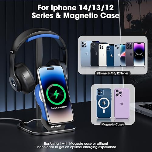 Miniatura 4 de Soporte para auriculares de escritorio, soporte para auriculares con cargador inalámbrico para teléfono móvil, soporte de auriculares para juegos