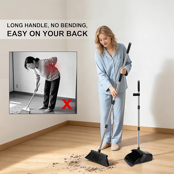 Black Broom and Dustpan Set 2 Pack, Long Handle Floor Cleaning