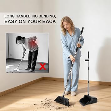 Black Broom and Dustpan Set 2 Pack, Long Handle Floor Cleaning