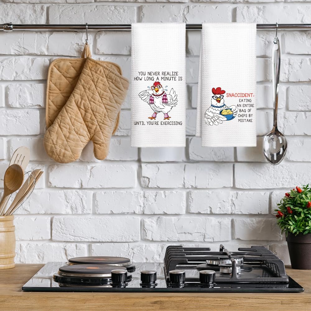 WUUCK00 2pcs You Never Realize How Long A Minute is Kitchen Towel, Funny Chicken Kitchen Decor for Family, Farmhouse Tea Towel for Chicken Lover, Christmas Housewarming Gifts for Hostess Neighbor - Image 4