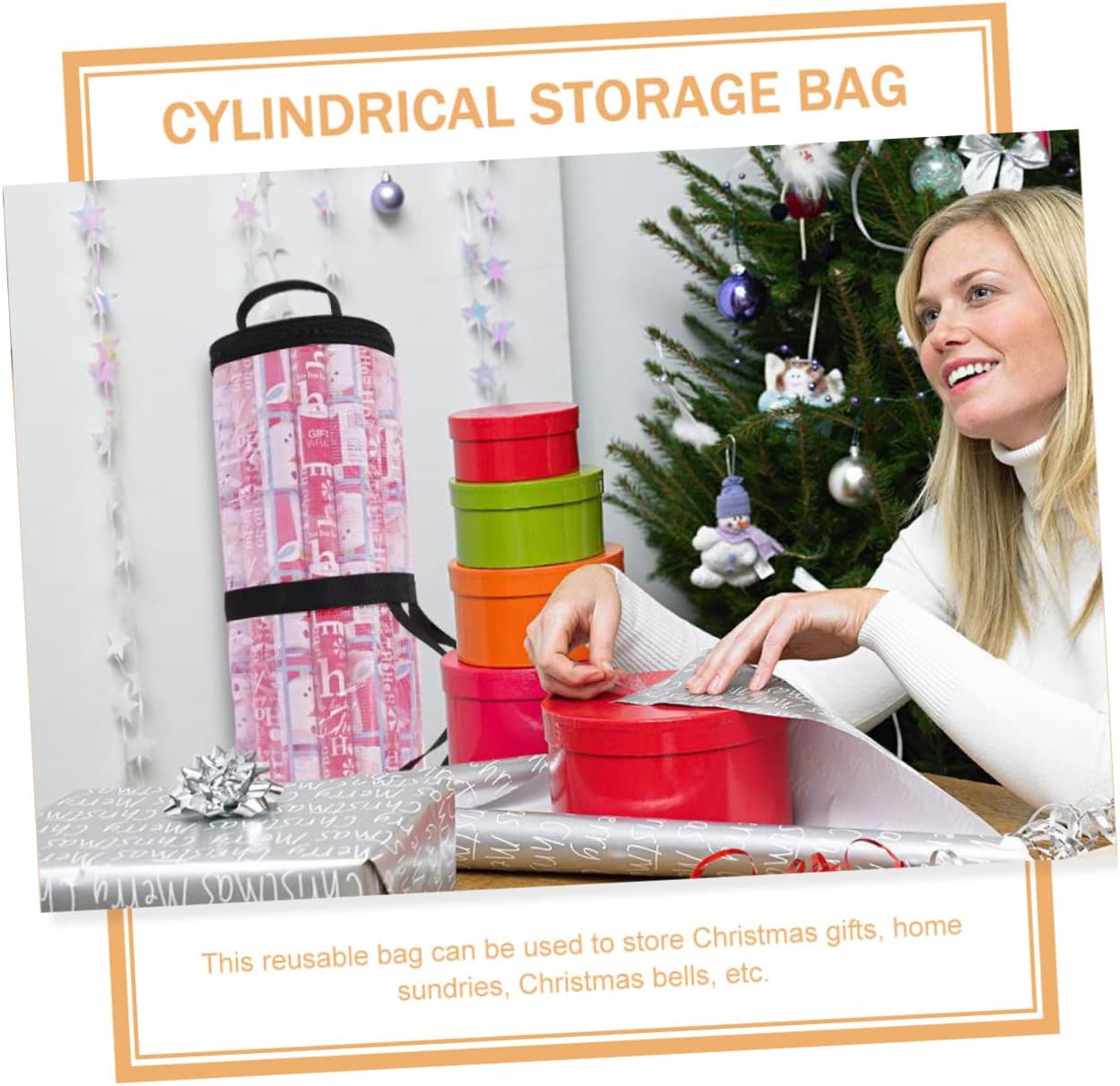 Xmas Christmas Gift Storage Bag, Reusable Plastic Pink Cylindrical Holder