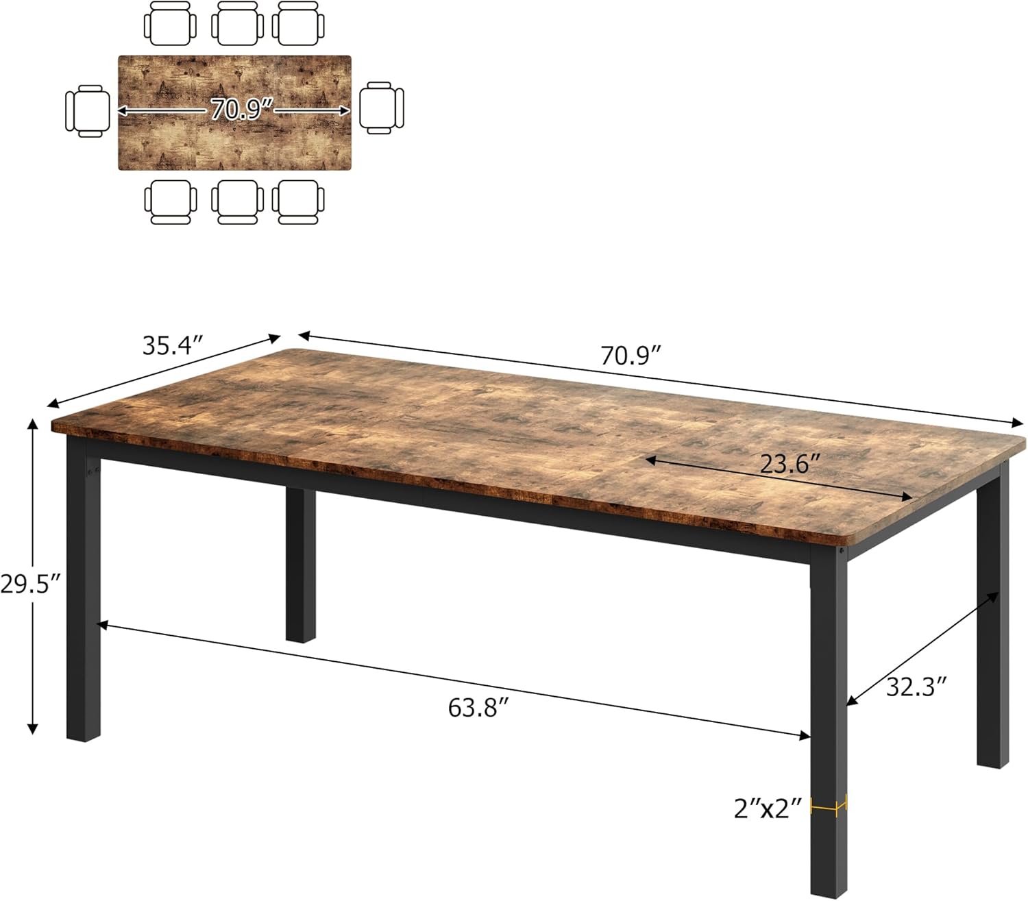 71 Inch Industrial Dining Table, Large Rectangle Kitchen Table with Metal Legs, Round Corners, Wooden Conference Tables Writing Desk for Dining Room, Living Room, Retro Brown