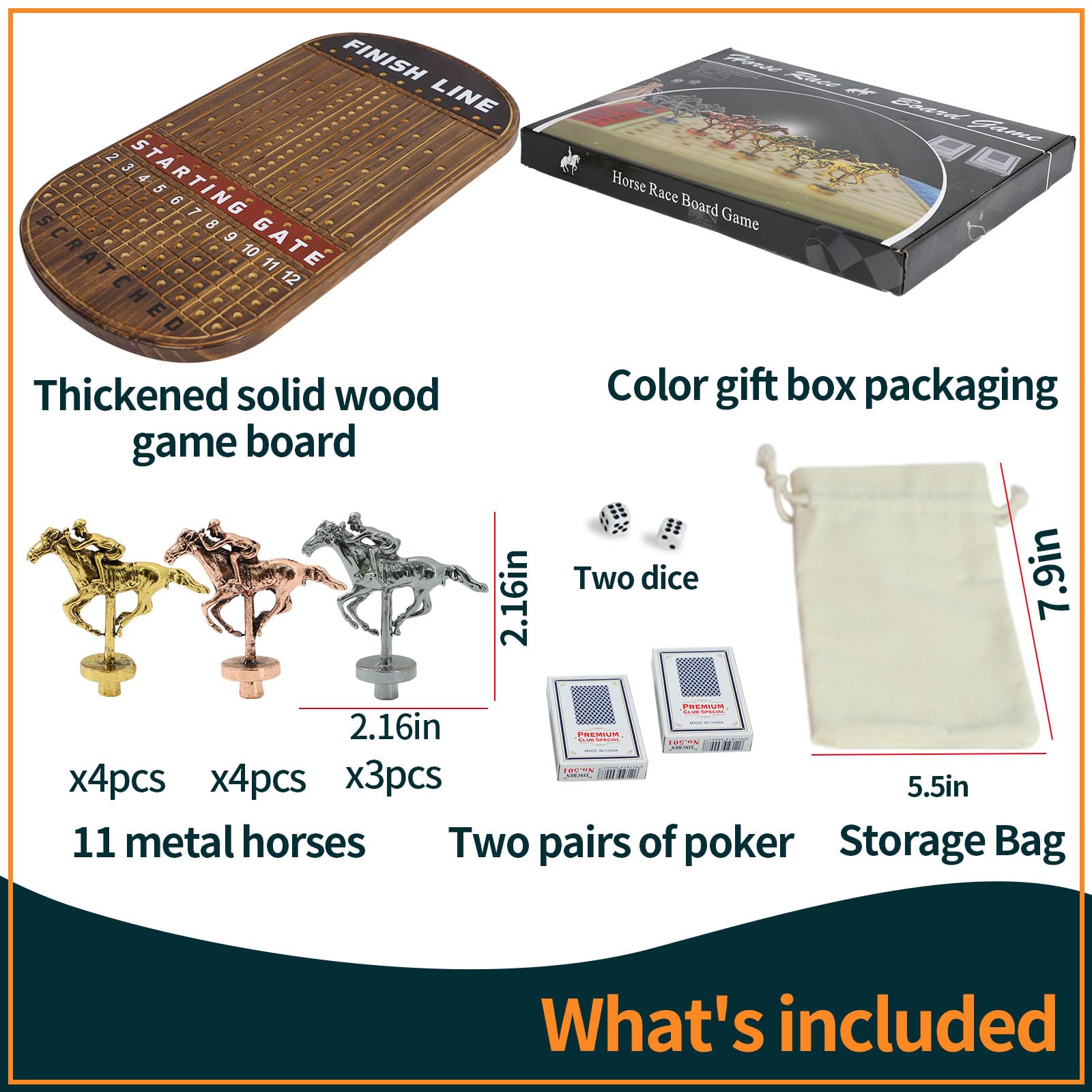 Jyquorp Juego de mesa de carreras de caballos de madera maciza con 11 caballos de metal clásicos de lujo y duraderos con 4 dados y 2 cajas de cartas, juego de carreras de caballos (marrón rústico)