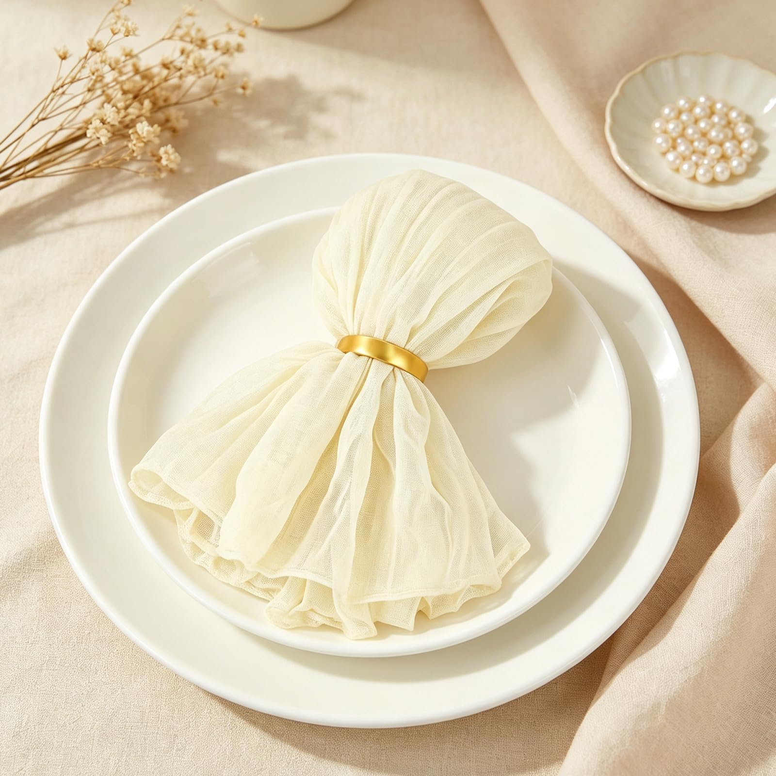 Serviettes de Table en Gaze avec Supports coordonnés, Linge de Table en Polyester réutilisable pour décoration de Table de fête, décoration de réception, Serviettes de Table en Gaze froissée,