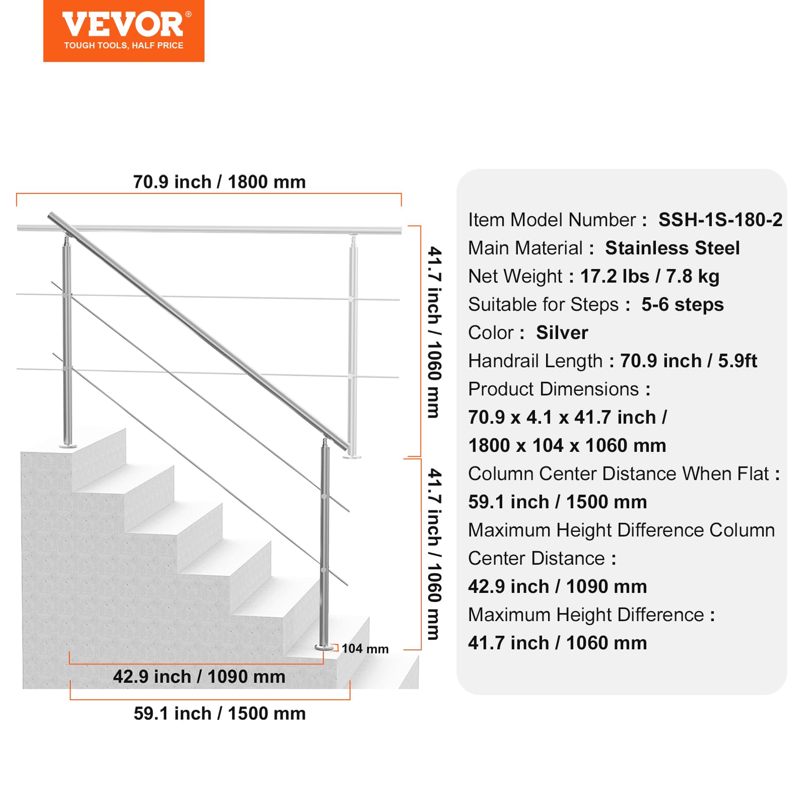 VEVOR Corrimano per Gradini Esterni, Kit Corrimano per Scale 2 Traverse 180 cm Lunghezza, Ringhiere Transizione Acciaio Inox Kit Installazione, Corrimano Scale Doppia Colonna per Veranda e Terrazza