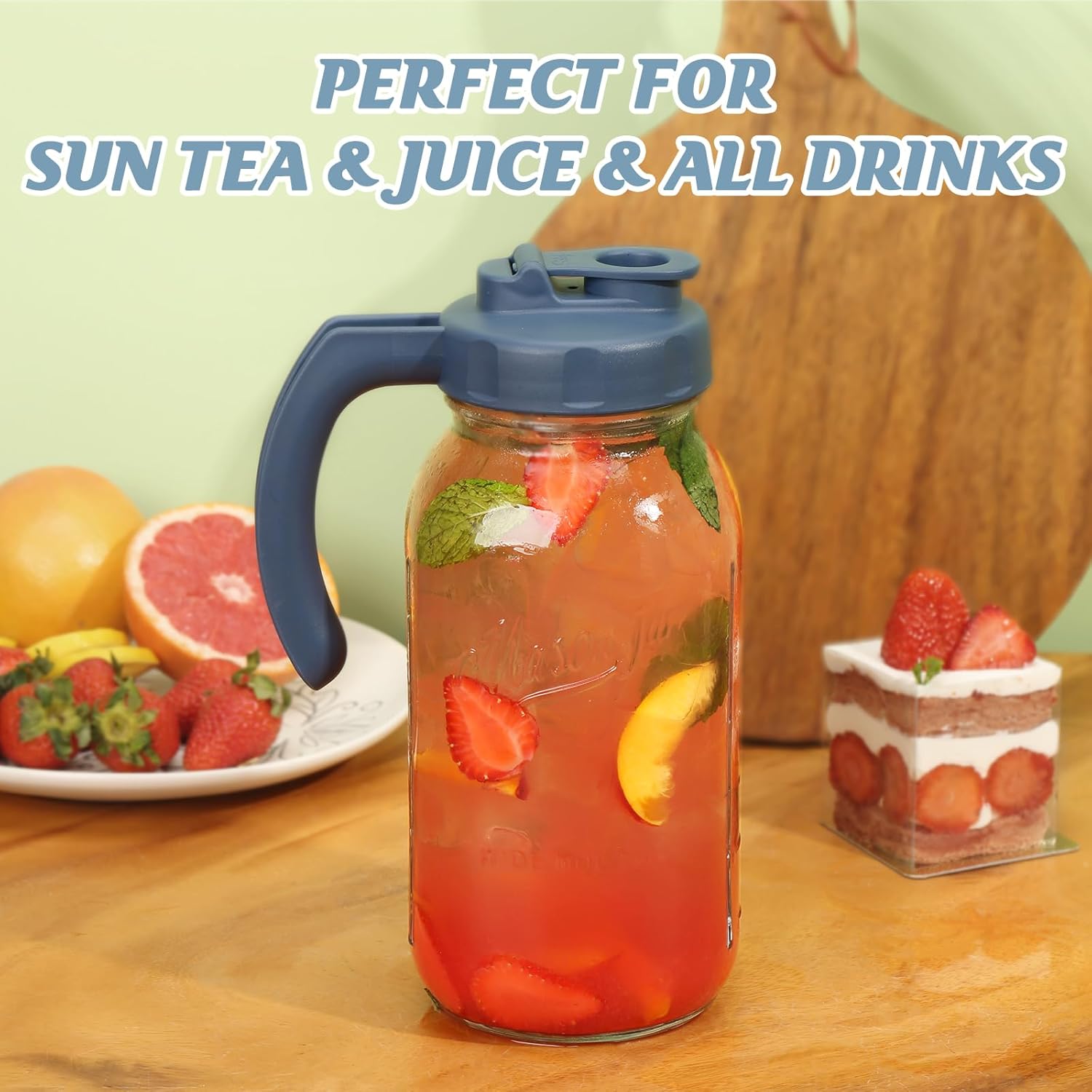 Soligt Glass Mason Jar Pitcher with Lid, Wide Mouth Flip Cap Pour Spout Leak-proof Lid with Handle, 64 oz (2 Quart / 1.9 Liter), Navy and Yellow, 2 Pack - Image 6