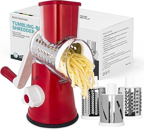 Miniatura 17 de X Home Rallador de queso giratorio para cocina, triturador con 3 cuchillas intercambiables, rallador giratorio con mango y base de succión fuerte,