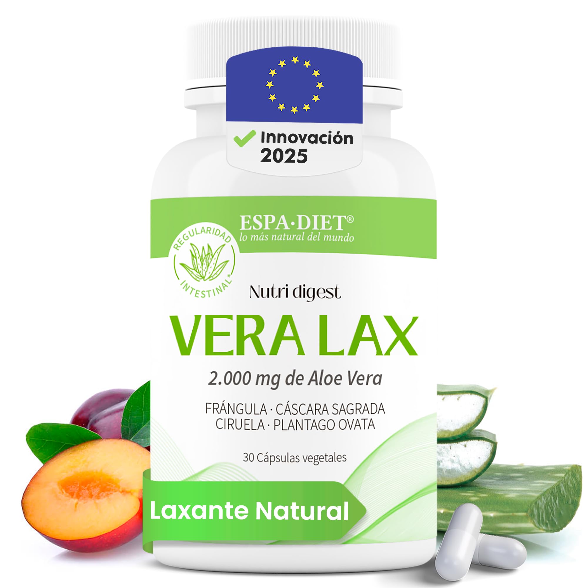 Laxante Natural - Aloe Vera, Cáscara Sagrada, Frángula, Ciruela, Plantago ovata - Laxante suave Alivio estreñimiento - Equilibrio digestivo natural - Detox natural limpieza colon - Veralax 30 cápsulas
