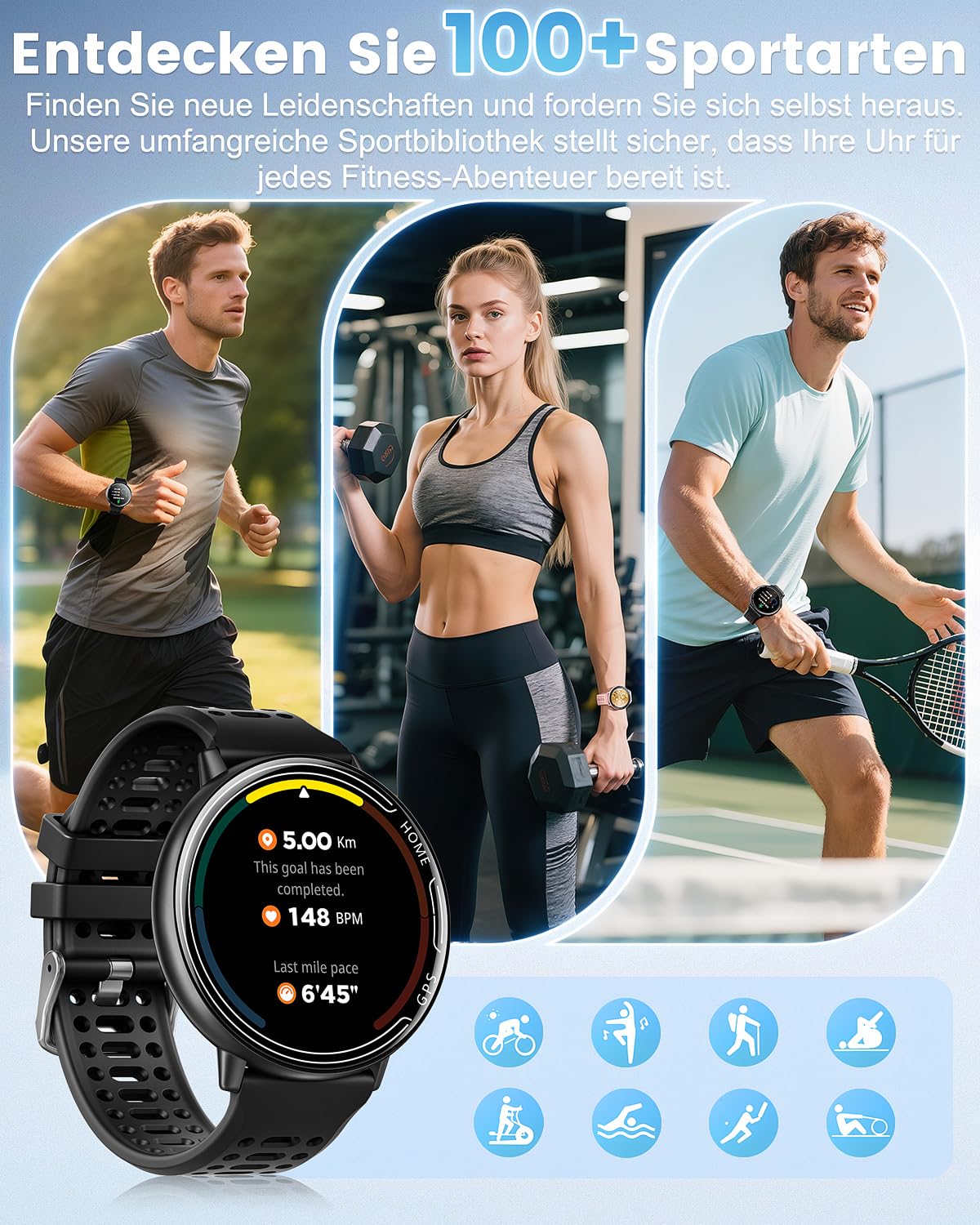 GPS Smartwatch Herren, 1.39" Smart Watch for Men mit Bluetooth Anruf, Sportmodi,Herzfrequenz, Blutdruckmessung, GPS Sportuhr für iOS Android