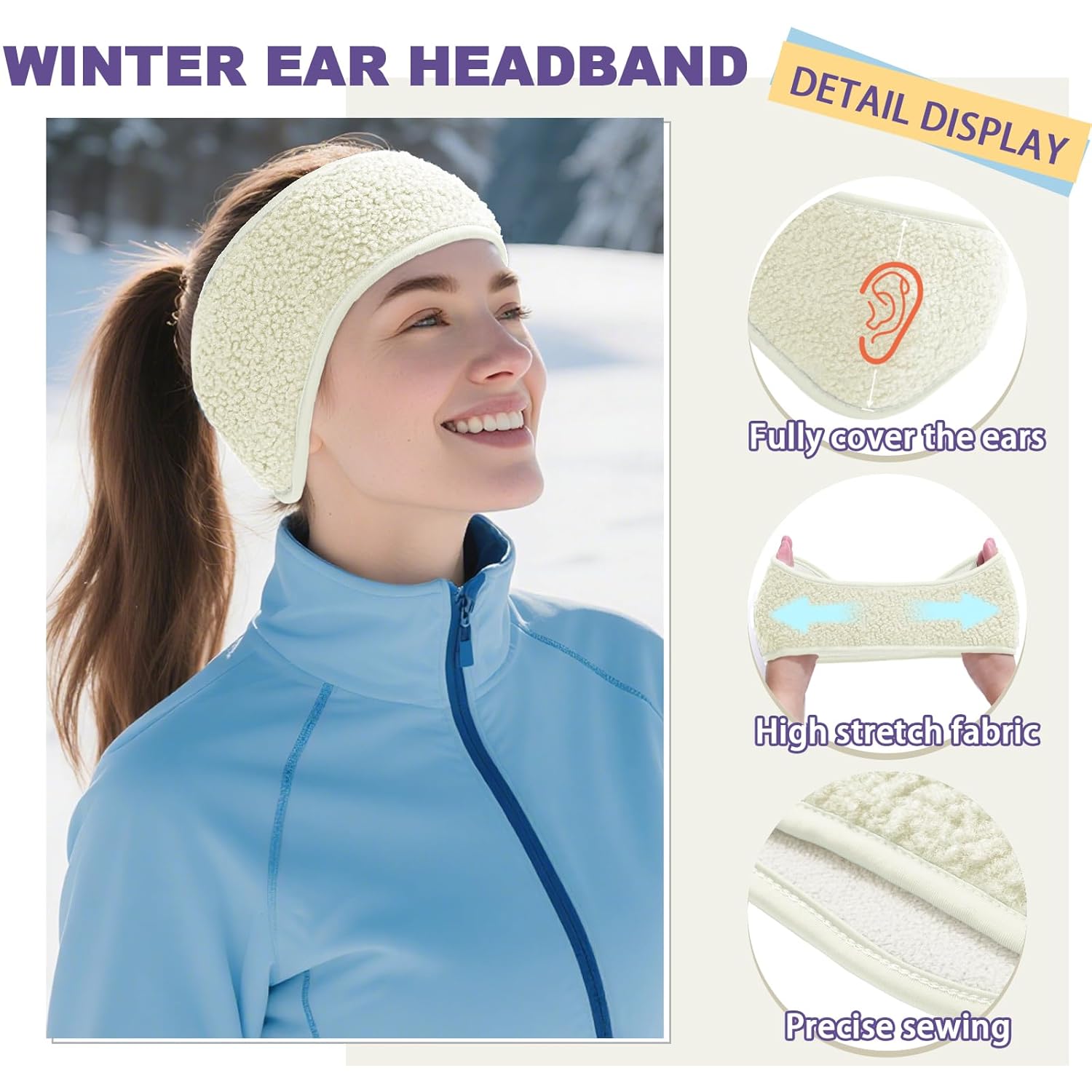 Winter Thermal Ear Warmers Headbands for Men, Women, Cold Weather Protection, Running, Cycling, Ski, Workout Activities (white, one size) - Image 3
