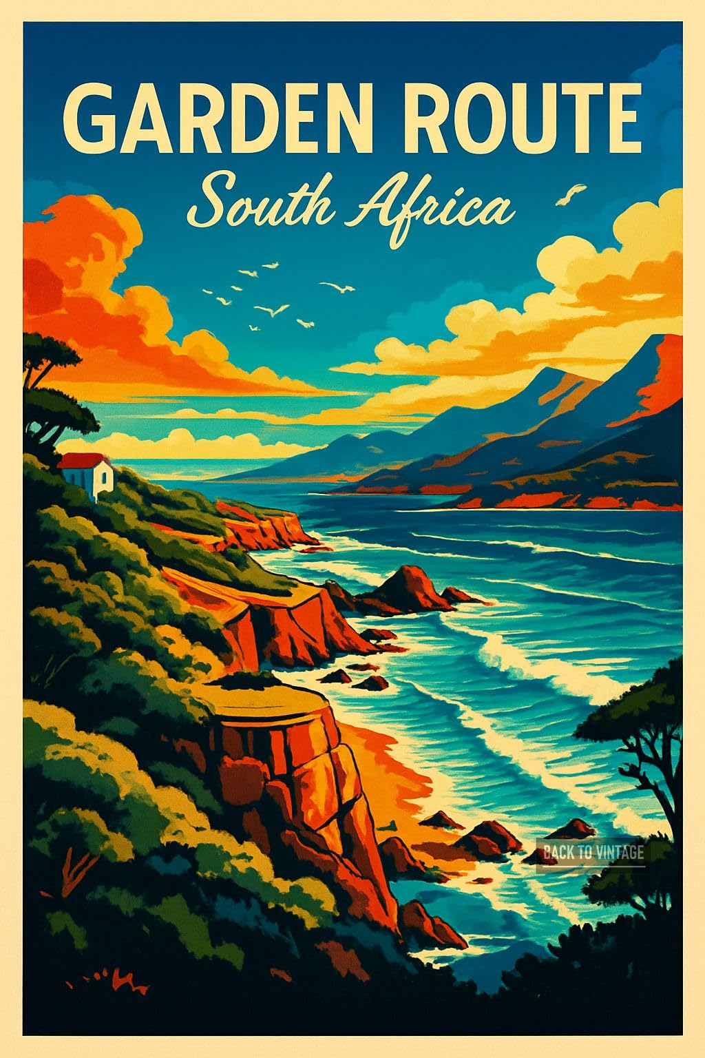 Vibrant Poster Illustration of South Africa's Garden Route_result - A4 Travel City Poster Wall Art Home Decor Art Print Featuring Urban Landmarks and Global Views for Stylish Interior Display