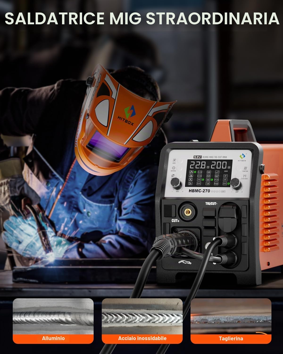 HITBOX Saldatrice Multifunzione Combo 200A 230V – MIG Pulsato Alluminio, MIG Gas/Filo Animato, TIG HF, Elettrodo, Taglio Plasma 40A (HBMC270)