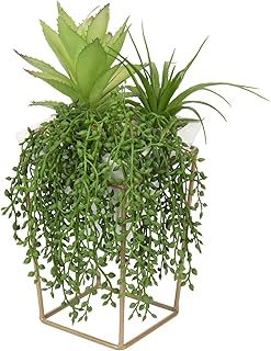 Briful Fake Plants Artificial Succulent Plants in Geometric Ceramic Pot on Metal Stand, Artificial Plants in Pots Fake Succulent Potting Mix for Home Bathroom Shelf Bedroom Decor
