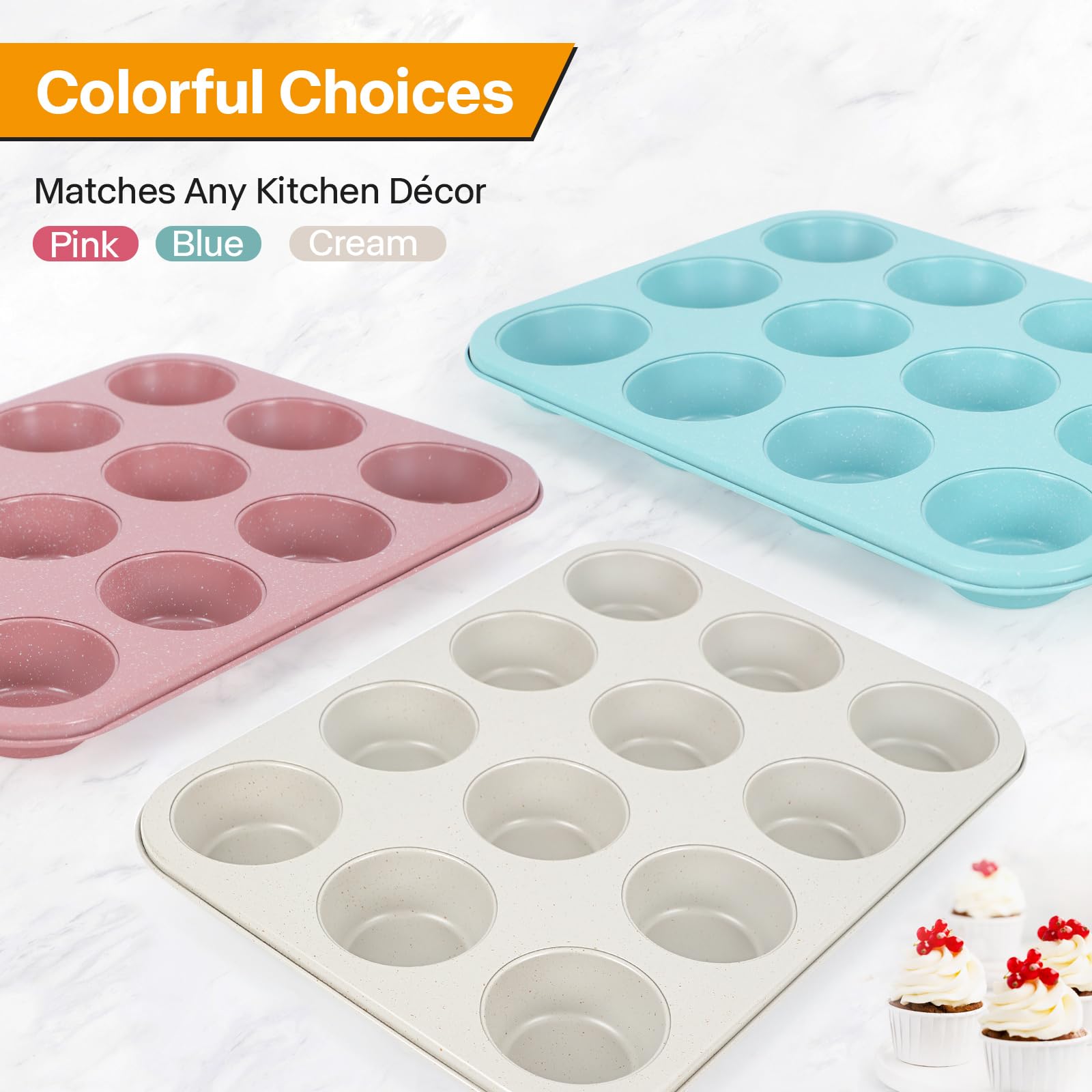 Paquete de 2 moldes para magdalenas para hornear saludables, molde antiadherente para magdalenas de 12 tazas, duradero y fácil de limpiar, perfecto para cupcakes, magdalenas (beige) 9