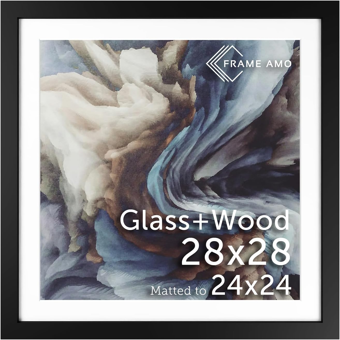 Frame Amo 28x28 Black Solid Wood Poster Frame, White Mat for 24x24 Image, Tempered Glass Front, 1.5 inch Wide, 1 inch Thick, High-End, Heavy-Duty, Gallery Grade & Acid-Free
