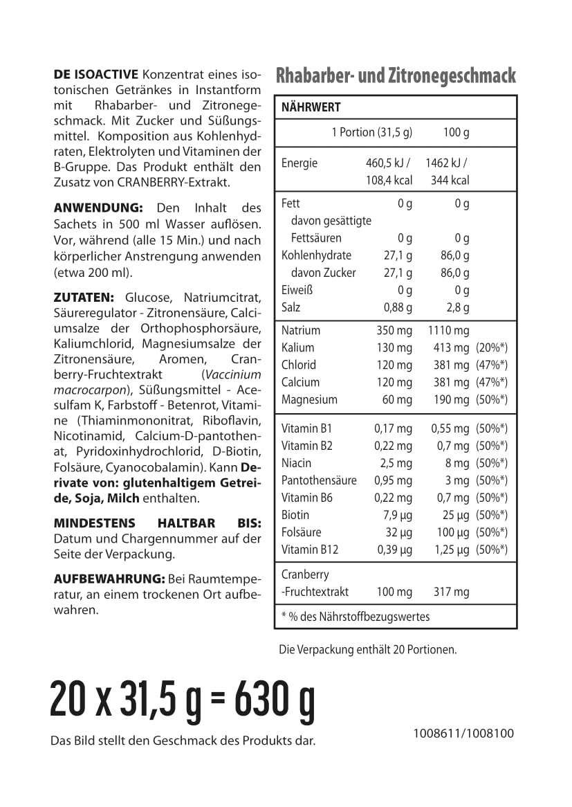 Activlab Izotoniczny napój w proszku - Elektrolity - Witaminy z grupy B - 500 ml Napój sportowy - 20 x 31,5 g Rabarbar-Cytryna izoaktywny