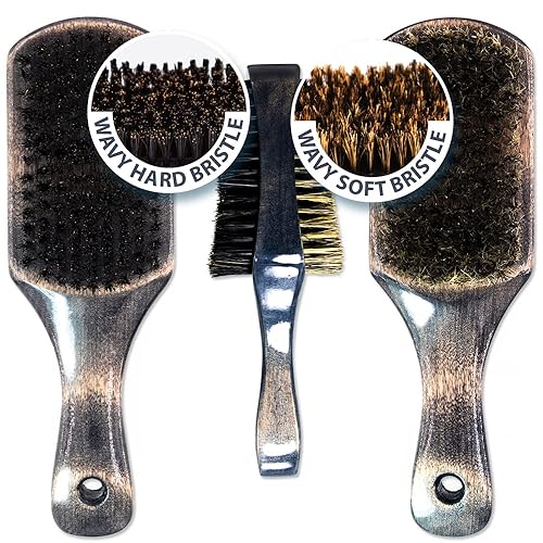 Vista 4 de Beauty Town Cepillo ondulado de 2 caras: cepillo de pelo de cerdas de jabalí duro y suave de doble cara, unisex, diseñado para hombres, 360 ondas