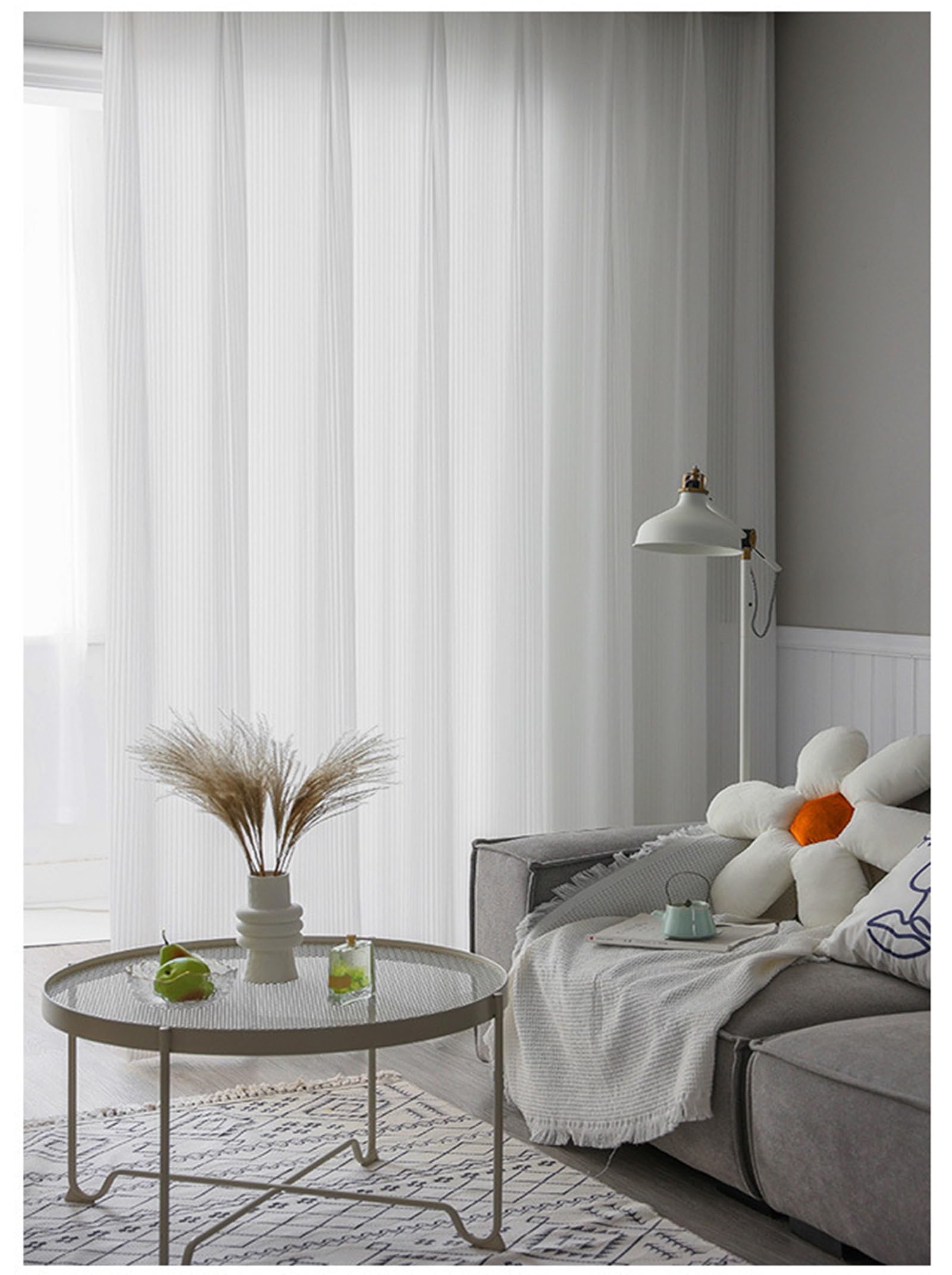 Rideaux transparents texturés avec œillets voilage léger rayures blanches 160 cm