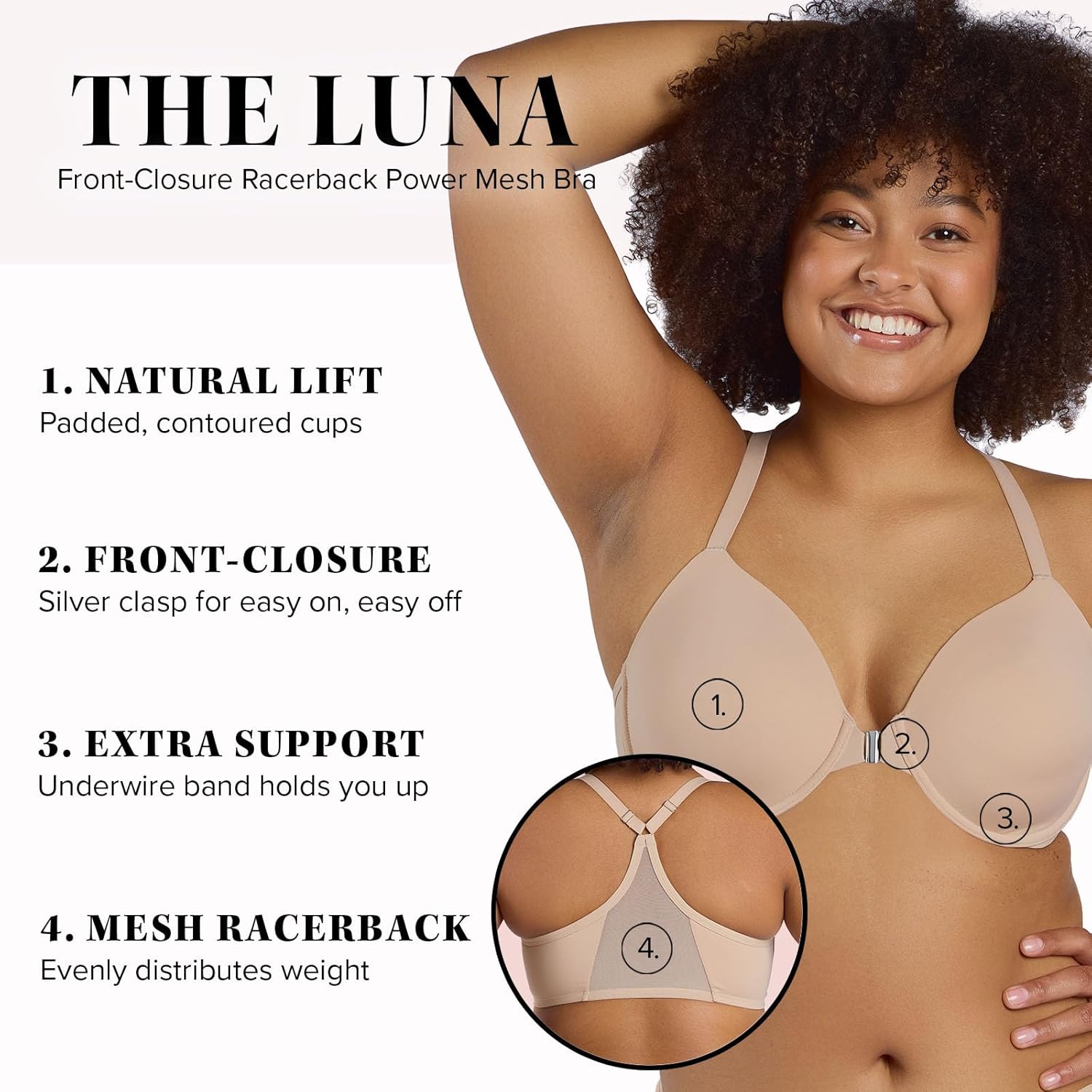 LEADING LADY, Luna, Underwire Bra, Front-Closure, Mesh Racerback, Lightly Padded Cups, Smoothing, Bras for Women, 40A-46DDD - Image 2