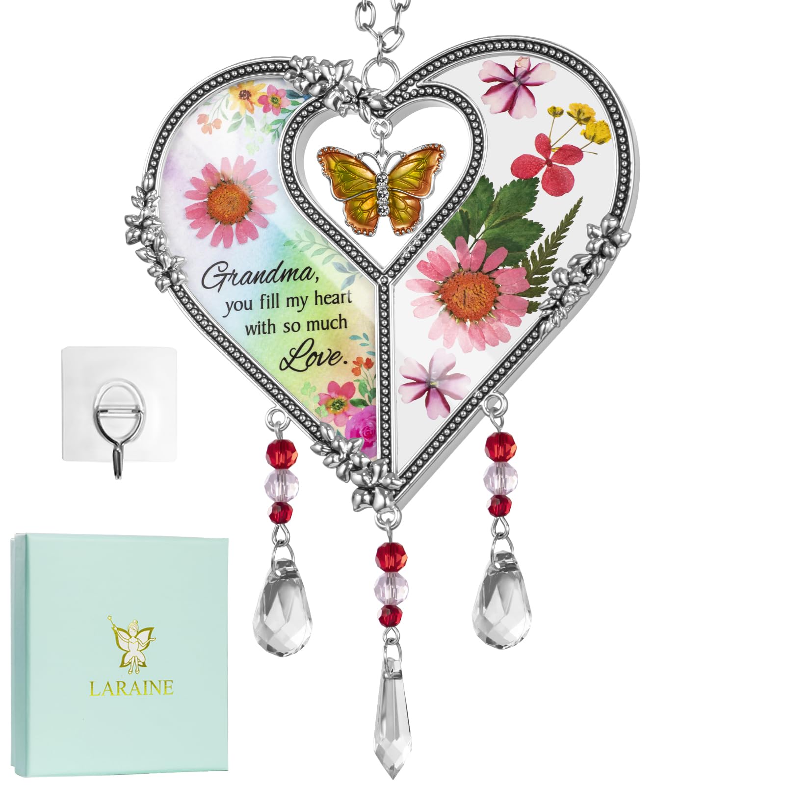 LARAINE Heart Suncatcher with Pressed Flower Wings Mom Mother's Day Love Glass Wind Chime Ornament Charm with Metal Heart Gifts for Mom Grandma Aunt Birthday (Grandma, Butterfly)