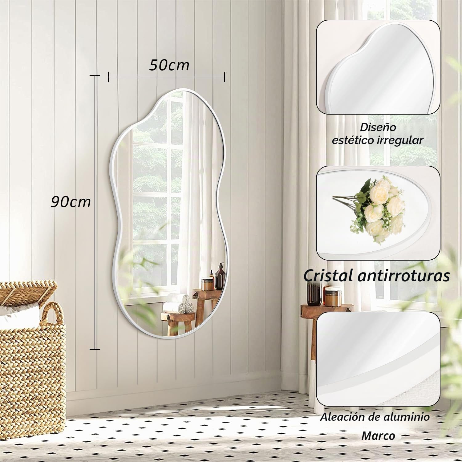 JJUUYOU Espejo Irregular para Paredes, Espejo Grande para baño, Decorativo, 50 x 90 cm, Marco simétrico de Aluminio aeroespacial, Adecuado para Dormitorio, Sala de Estar, vestidor o Entrada