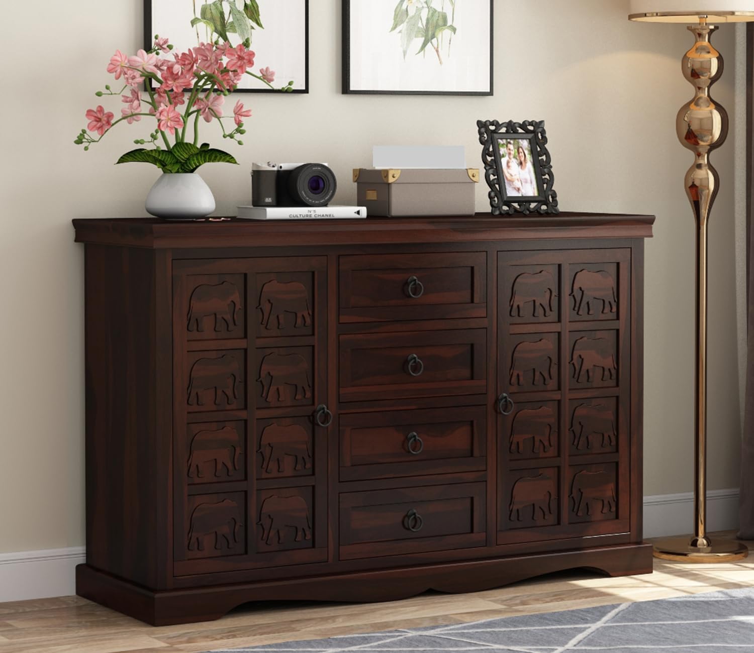 Solid Sheesham Wood Wooden Cabinet Sideboard with 4 Drawers and 4-Shelves Storage Cabinet (Walnut Finish)-picture-27