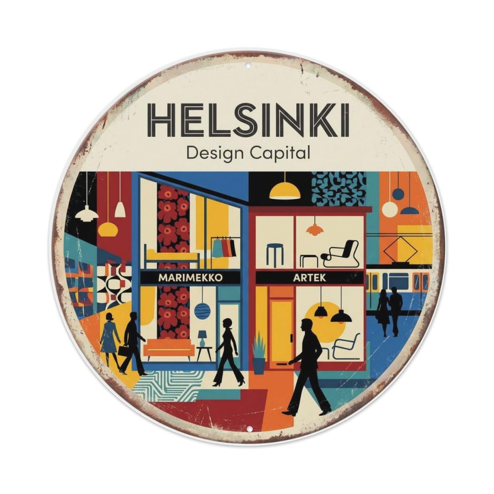 Vintage Travel Helsinki District Finland Metal Tin Sign Plaque Wall Decor for Cafe, Club Bar, Office, Home Garden Round Metal Poster 8x8Inch