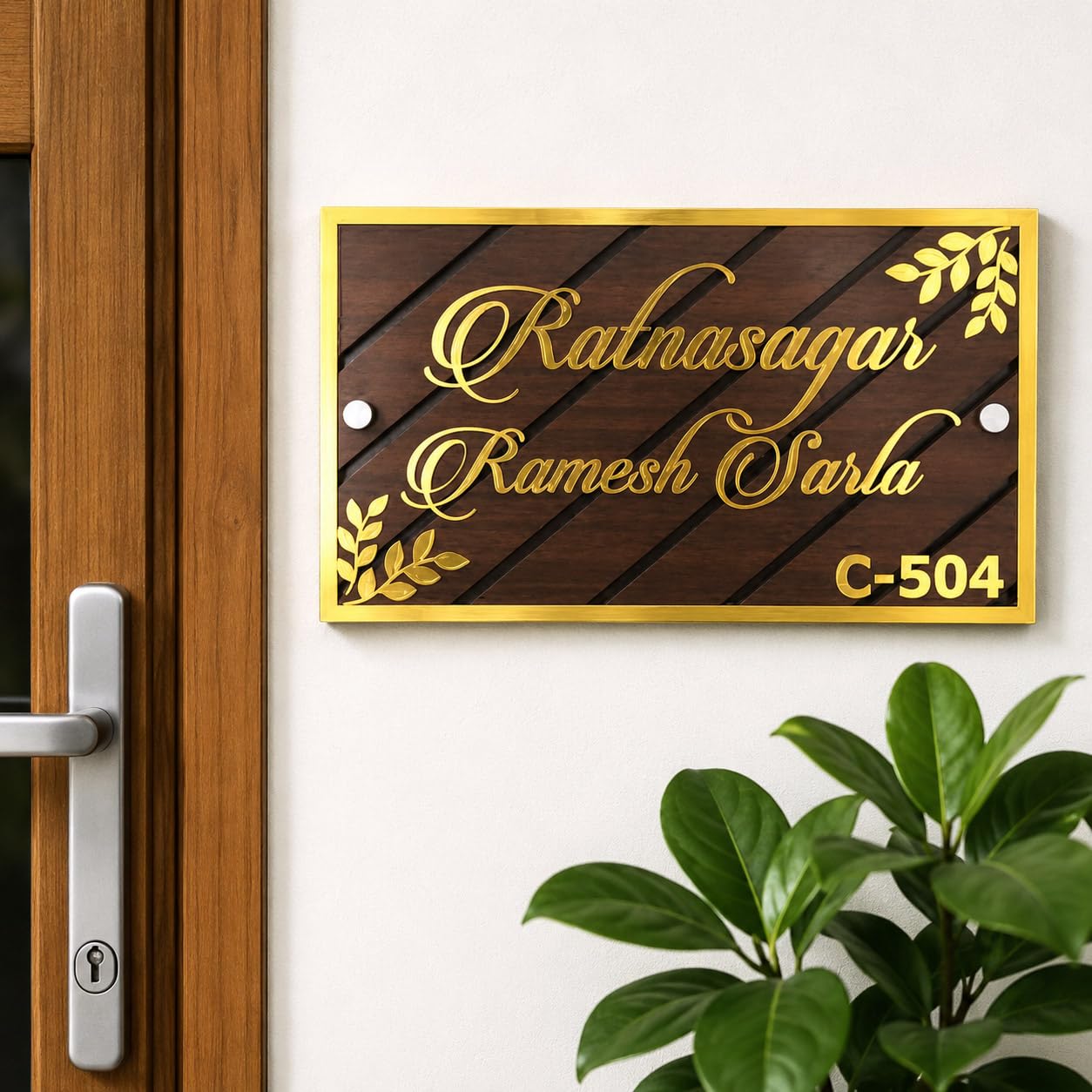 Name Plates for Home Entrance Personalized MDF Wood Golden Acrylic Door Name Plate | Name plate | Wood Personalized NamePlate with 3D Letters | Door nameplates | Custom NamePlate For Home, Office and Outdoor Entrance | 7 x12 inch | Wooden | Housewarming Gifts : NP-015-image-4