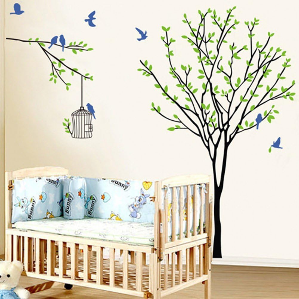 Funif Green Tree and Blue Bird Wall Sticker Decals DIY Removable Wall Mural Wallpaper for Home Decoration 23.6" X 35.4"