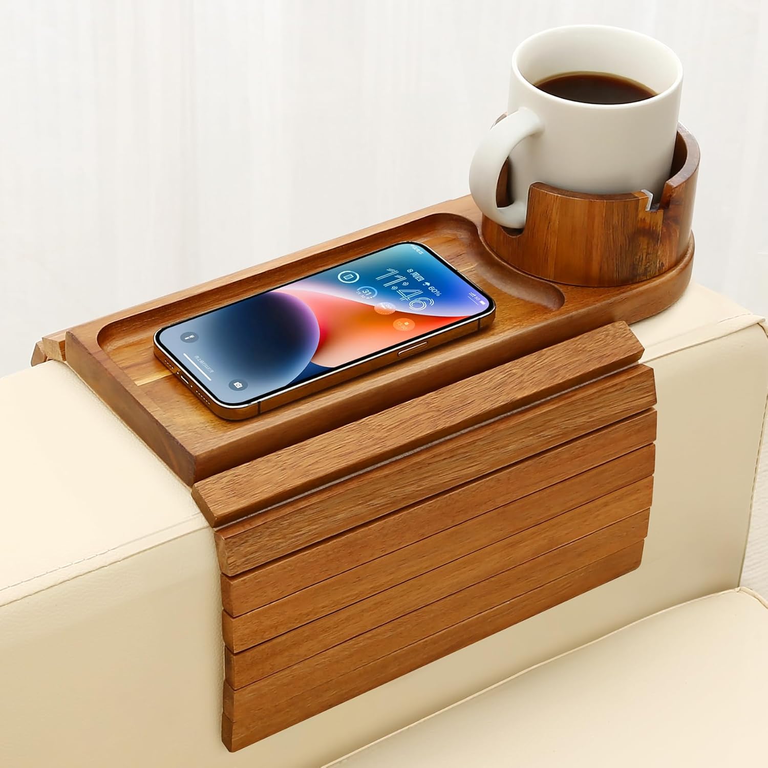 Couch Cup Holder Tray, 15.75" Acacia Wood Couch Armrest Table, 3 in 1 Foldable Sofa Clip on Side Table with 360° Phone Stand, Armrest Tray for Coffee Snacks