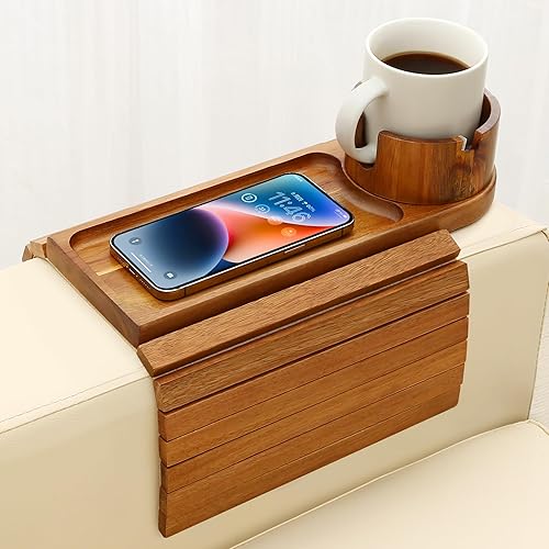 Couch Cup Holder Tray, 15.75" Acacia Wood Couch Armrest Table,