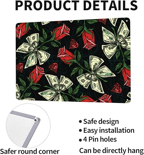 Miniatura 4 de Metal Tin Sign Banknote Rose Metal Sign Suitable For Home Garden Kitchen Bar Cafe Restaurant Retro Wall Decor 8x12in